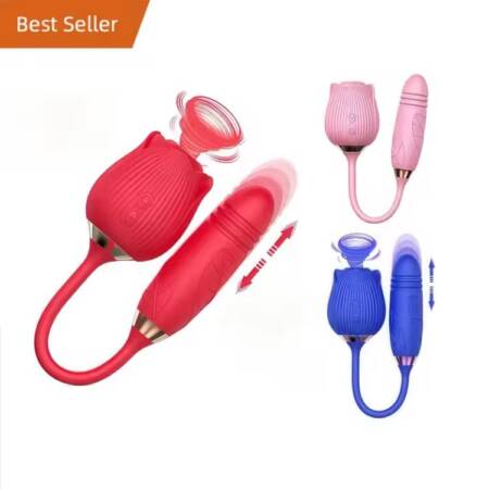 Telescopic Sucking Silicone Rose Vibrator With Dildo